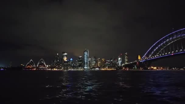 Sydney Harbour Bridge Lit Night 90Th Anniversary Australian Icon Ferries — Stockvideo