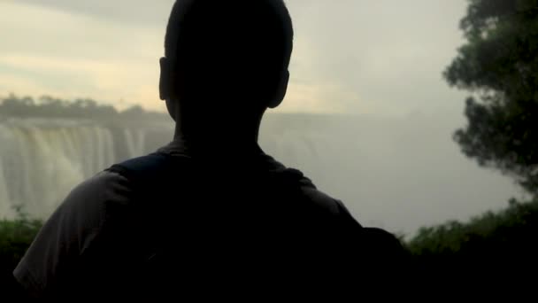 Αγόρι Θέα Victoria Falls Αργά Ωθήσει Κοιτάζοντας Τους Καταρράκτες Στο — Αρχείο Βίντεο