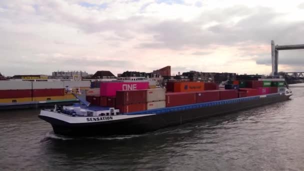 Aerial Port Side View Sensation Cargo Container Ship Oude Maas — Stockvideo