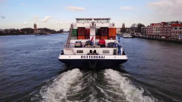 Aerial View Stern Cargo Container Ship Sensation Sailing Dordrecht Oude — Stockvideo
