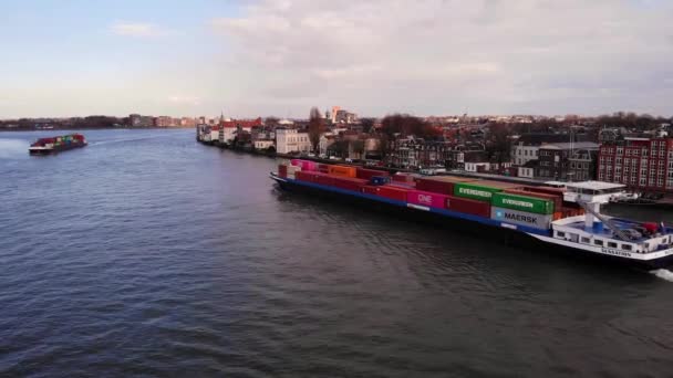 Aerial Drone View Cargo Container Ship Sensation Sailing Dordrecht Oude — стоковое видео