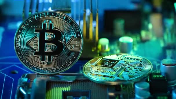 Dos Monedas Crypto Que Muestran Placa Base Computadora Entorno Tecnológico — Vídeos de Stock