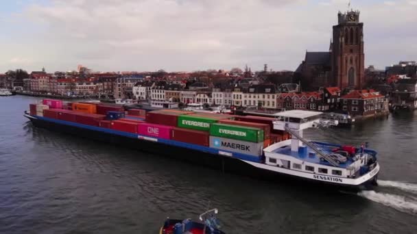 Aerial Port Side View Sensation Cargo Vessel Going Oude Maas — Video Stock