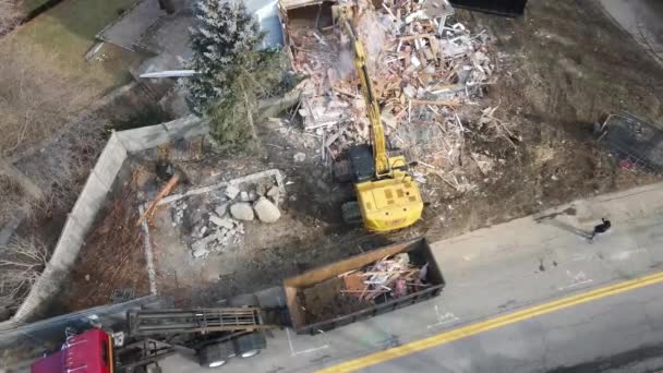 Aerial Mid View Digger Unloaded Rubble Demolished House Truck Drone — Stockvideo