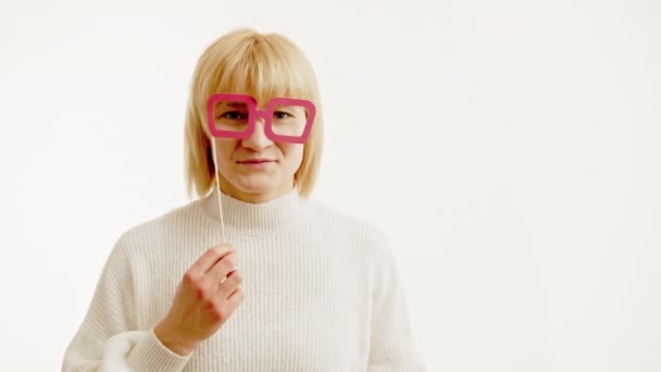 Woman Poses Front Camera Having Fun Paper Party Glasses White — Stock video