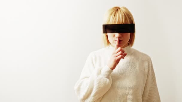 Serious Woman Black Band Eyes Makes Gesture Silence Portrait Isolated — Video