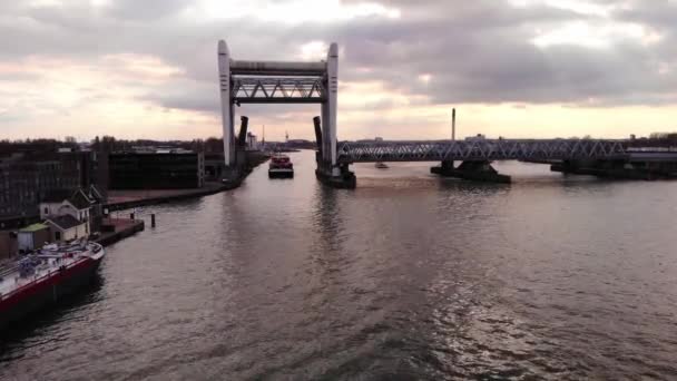 Aerial View Sensation Cargo Ship Approaching Raised Spoorbrug Railway Bridge — Stock Video