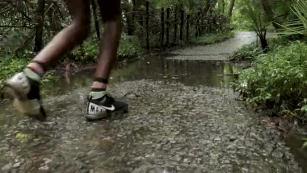 Slow Motion Video Little Boy Wearing Yellow Boots Running Jumping — Vídeo de stock