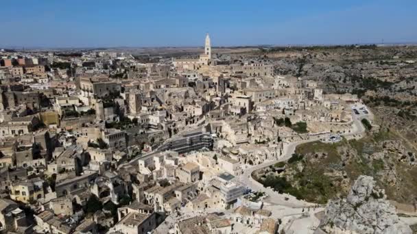 Aerial Drone Shot Circling Matera Italy Oldest Ancient City Europe — Vídeos de Stock