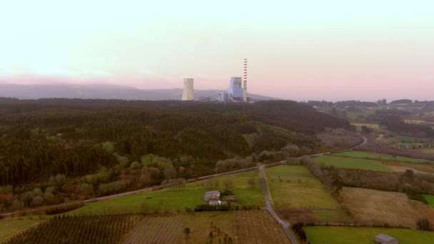 Aerial View Meirama Thermal Power Plant Seen Distant Background Pink — Stockvideo