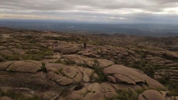 Drone Shot Orbit Motion Climber Celebrating Scenic Landscape Raising His — Vídeos de Stock