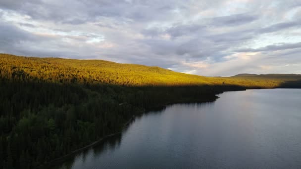 Beautiful Soft Sunlight Hitting Top Forest Treeline Surrounding Dease Lake — Stock Video