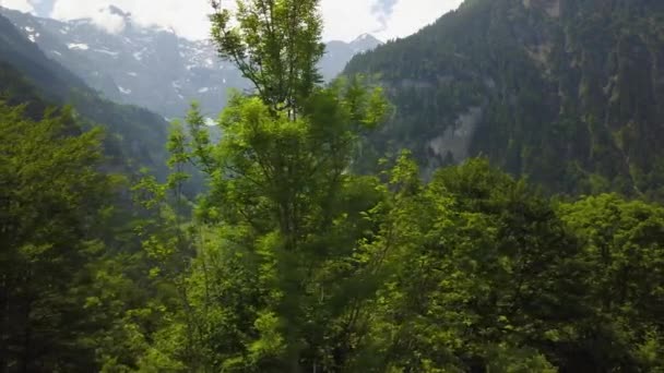 Idyllic Village Green Valley High Swiss Mountains Aerial Panoramic View — Wideo stockowe