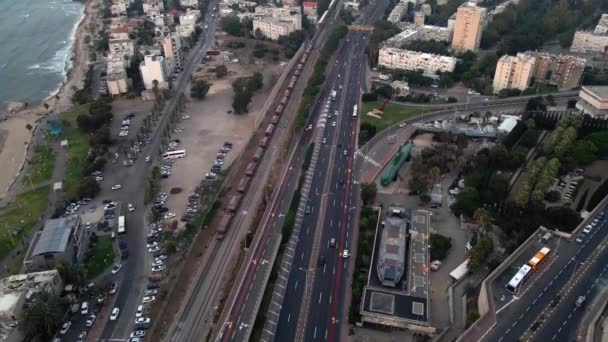 Freight Train Cars Traveling Haifa Bay Israel Aerial — Wideo stockowe