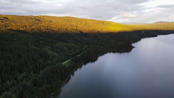 Soft Glowing Sunlight Hitting Forest Treeline Surrounding Dease Lake British — ストック動画