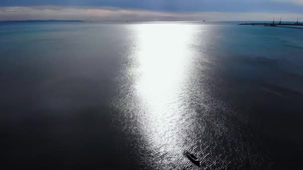 Descending Drone Blue Grey Adriatic Sea One Small Boat Mooring — Vídeo de Stock