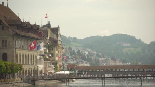 Lucerne Town Hall Rathaussteg Chapel Bridge Kapellbrucke Background Switzerland Static — Stock Video