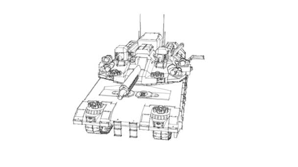 Animación Rotación Bucle Armazón Alambre Tanque Militar Con Líneas Negras — Vídeo de stock