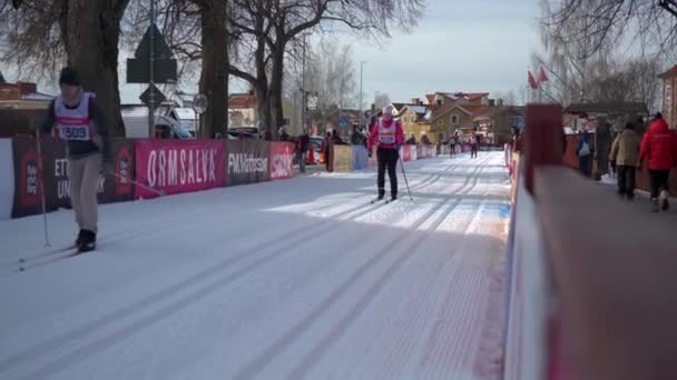 Female Cross Country Skier Just Finish Line Vasaloppet Ski Race — Vídeo de Stock