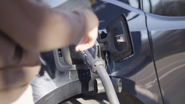 Man Hands Turn Electric Car Socket Charging Close Hatch — Video