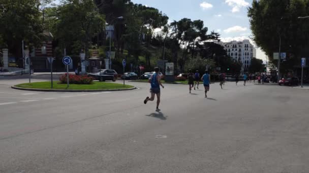 Madrid Yıllık Maraton Koşucuları Alfonso Xii Caddesinde Koşuyorlar Arkadaki Ağaçlar — Stok video