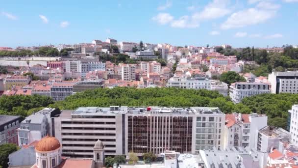 Aerial Ascending Avslöja Hela Lissabon Med Floden Tagus Och Abril — Stockvideo