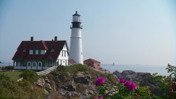 Iconic Maine Lighthouse Flowers Foreground — Stockvideo