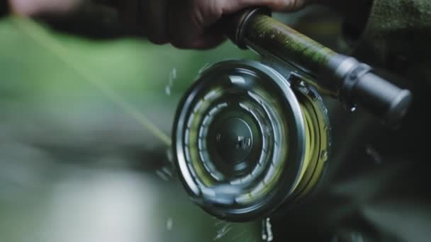 Fisherman Holding Rod Line Spool Hands Water Drops Slowly Dripping — Stock Video