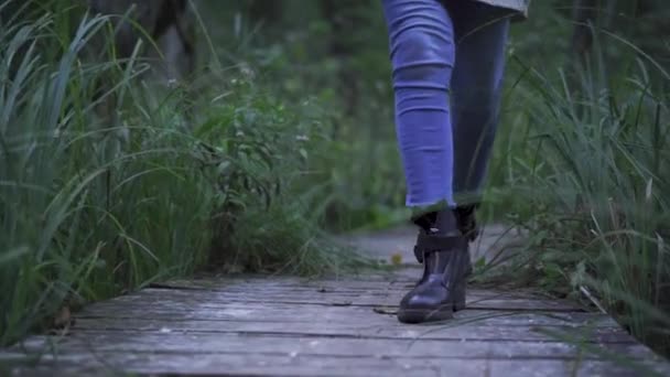 Pessoa Feminina Caminhando Para Frente Caminho Madeira Algum Lugar Livre — Vídeo de Stock