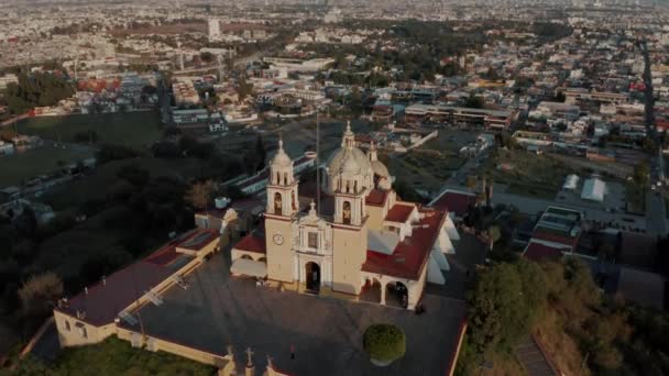 Shrine Our Lady Remedies Cholula Puebla Mexico Aerial Drone Shot — Stockvideo