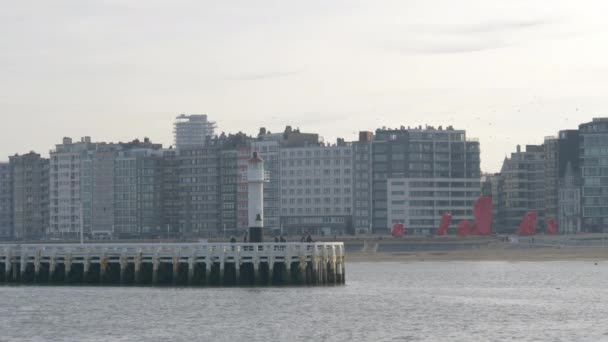 Picturesque View Ostend Lighthouse Residential Buildings Background Belgium Cloudy Day — стокове відео