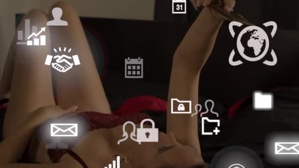Close Seductive Attractive Woman Lingerie Making Selfies Her Bed Cellphone — Vídeos de Stock