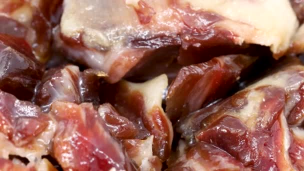 Macro Shot Small Serrano Ham Slices Rotating Extreme Close View — стоковое видео