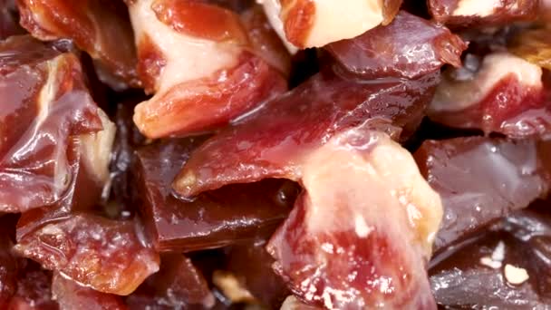 Serrano Ham Chopped Small Pieces Close View Macro Shot — стоковое видео