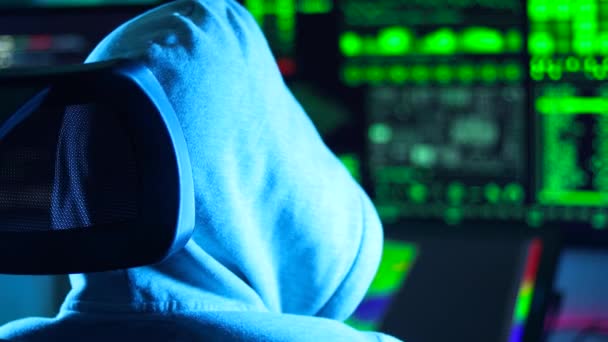 Hacker Wearing White Hoodie Gathering Data Various Screens Misterious Man — Video Stock