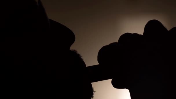 Extreme Close Silhouette Man Vaping Blowing Smoke — Stock Video