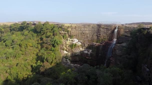 Cachoeira Caindo Montanha Com Florestas Verdes Céu Plano Vídeo Manhã — Vídeo de Stock