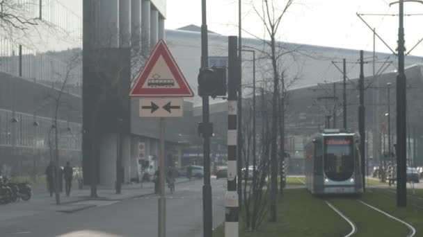 Warning Sign Flashing While Electric Trolley Drives Rail — Video