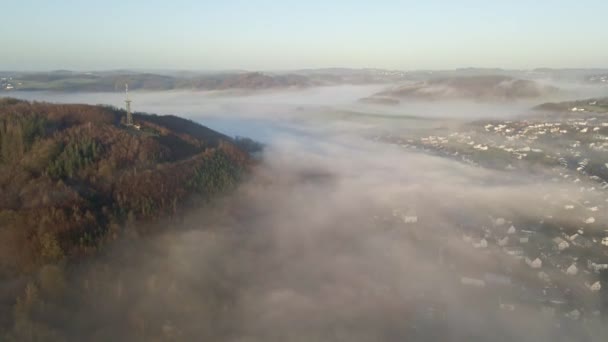 Misty Ανατολή Στο Morsbach Βόρεια Ρηνανία Βεστφαλία Πυκνή Ομίχλη Επιπλέει — Αρχείο Βίντεο