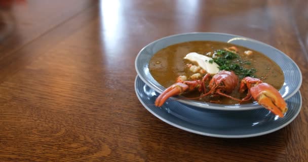 Seafood Crayfish Red Fresh Lobster Soup Smietana Parsley Top Gourmet — Vídeo de Stock