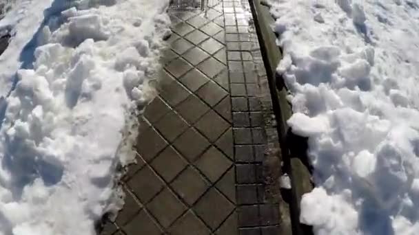 Człowiek Kroczący Czystą Ścieżką Śnieżnych Ulicach Słoneczny Jasny Dzień Sobie — Wideo stockowe