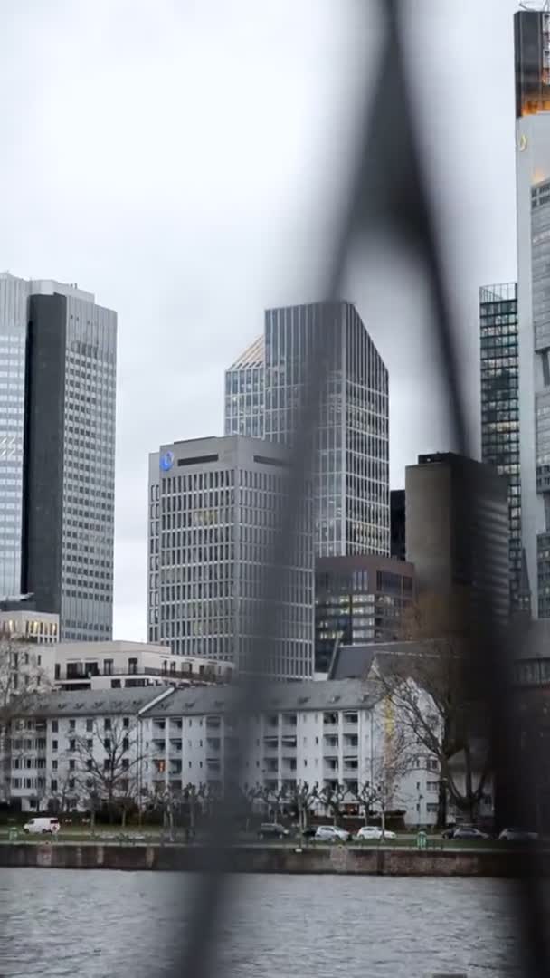 Imágenes Verticales Del Horizonte Frankfurt Día Nublado Invierno Disparo Mano — Vídeo de stock