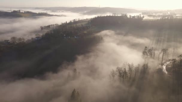 Solstrålar Bryter Igenom Morgondimman Nordrhein Westfalen Tyskland Vintern Aerial Bred — Stockvideo