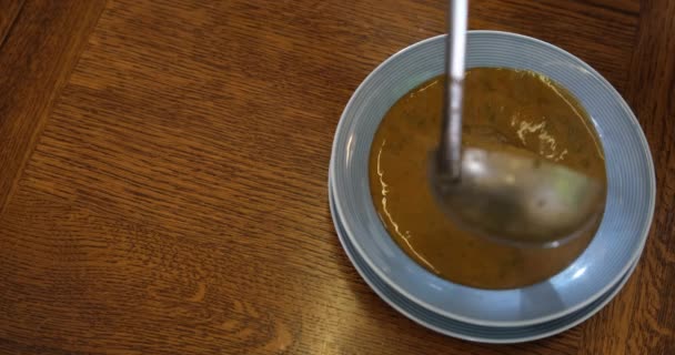 赤ザリガニのロブスターガーニッシュと魚介スープの準備スメタナとパセリ — ストック動画