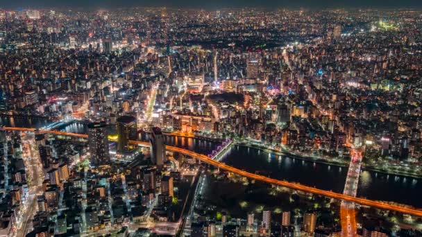 東京都東京都墨田区の展望台から夜景を眺めながら街を見下ろすと 暗闇の中を車や電車が川を渡ります — ストック動画