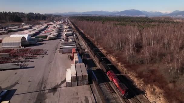 Cargo Trains Running Railway Vancouver Shipping Terminal Canada Drone View — стоковое видео