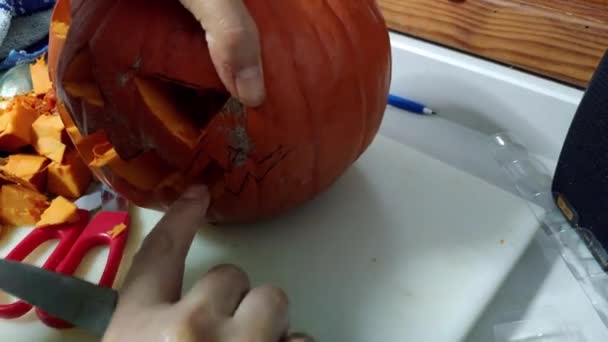 Female Hands Pumpking Being Carved Halloween Celebration Night Knife Cutting — Stok video