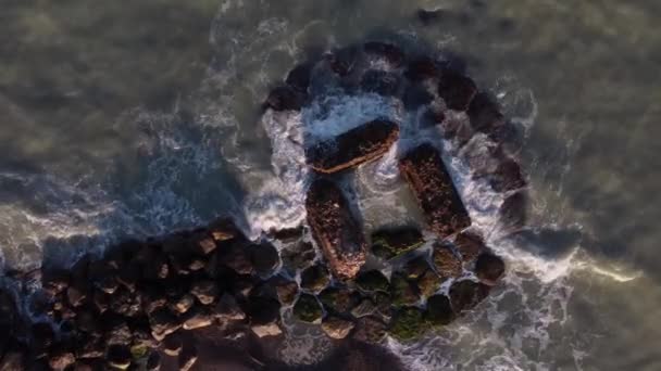 Top Aerial Shot Waves Crashing Man Made Rock Pool Slow — Stock Video