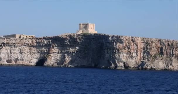 Acantilados Escarpados Escarpados Costa Malta Con Una Torre Vigilancia Alta — Vídeos de Stock