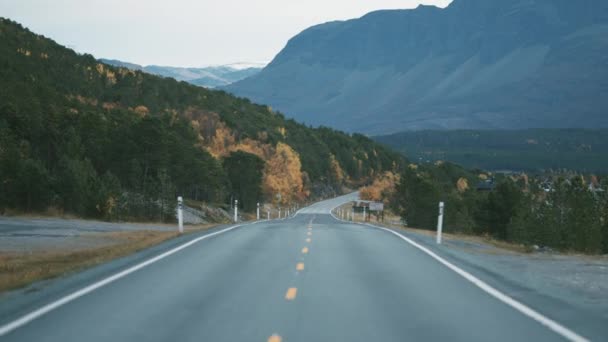 フィヨルドに沿って2車線の道路が狭くなっています 海岸沿いの小さな村 スローモーション パンフォワード — ストック動画